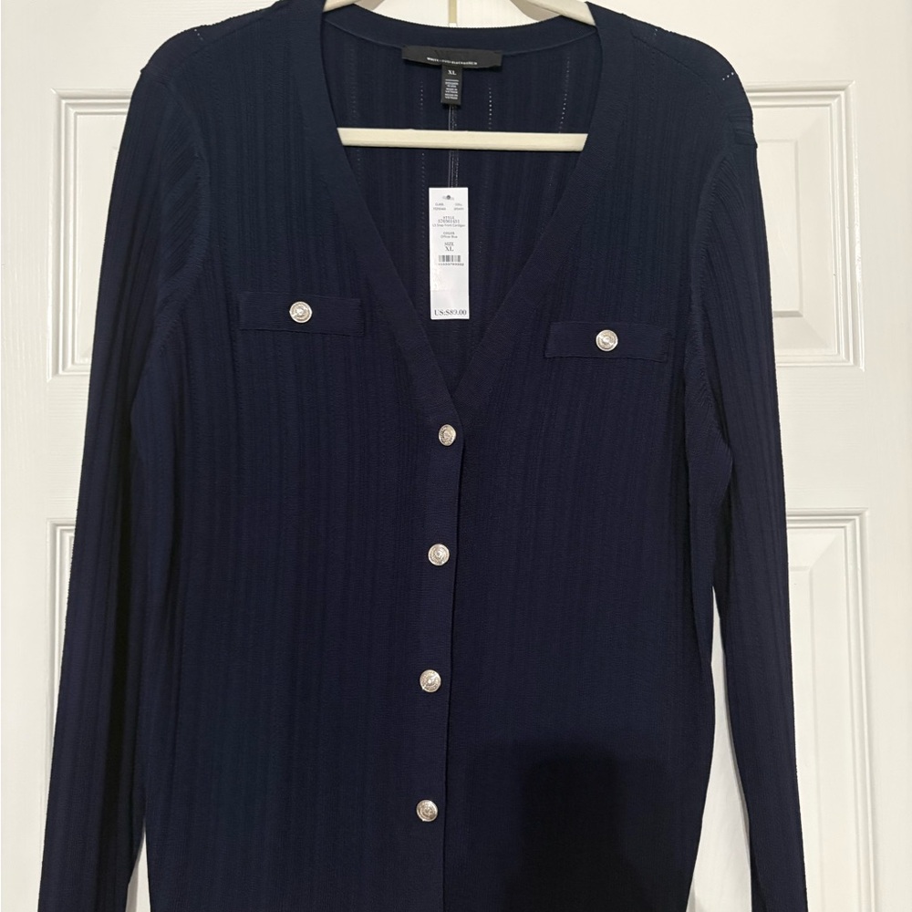 NWT White House Black Market Navy blue Long sleeve snap front cardigan